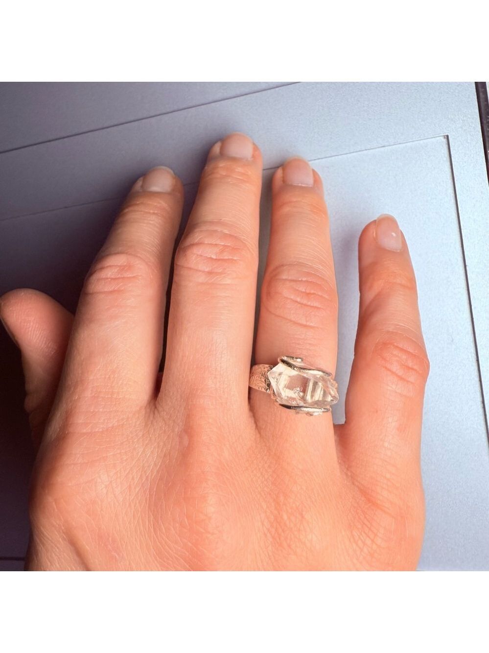 Artisan Brutalist Wire Wrap Rough Quartz Rock Crystal Sterling Silver 925 Ring - Picture 6 of 10